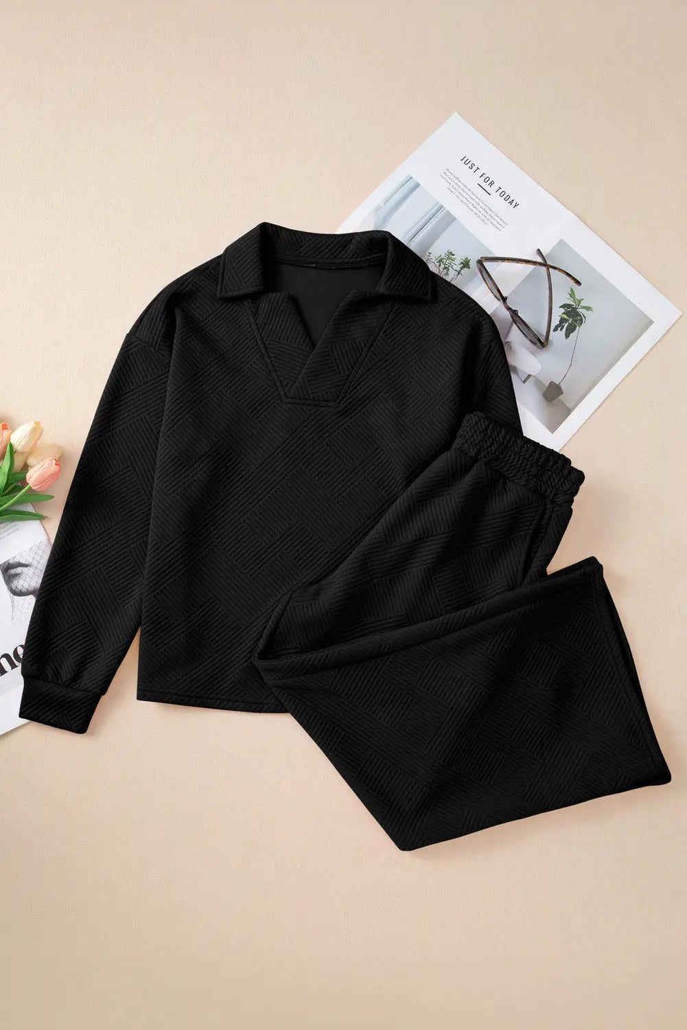 Bonbon Solid Textured Collared V Neck Top and Wide Leg Trousers Set Beagle Boutique Fashion Outlet