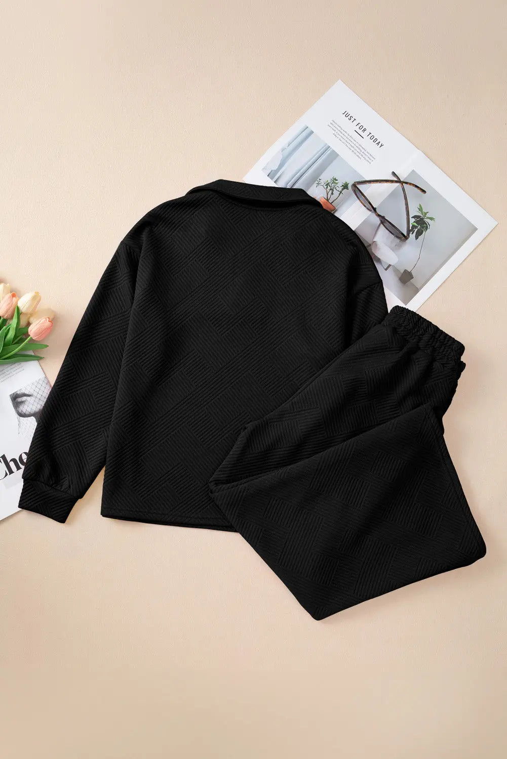 Bonbon Solid Textured Collared V Neck Top and Wide Leg Trousers Set Beagle Boutique Fashion Outlet