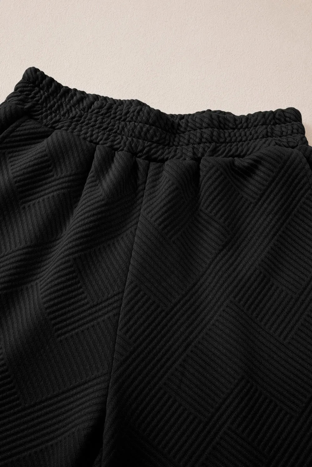 Bonbon Solid Textured Collared V Neck Top and Wide Leg Trousers Set Beagle Boutique Fashion Outlet