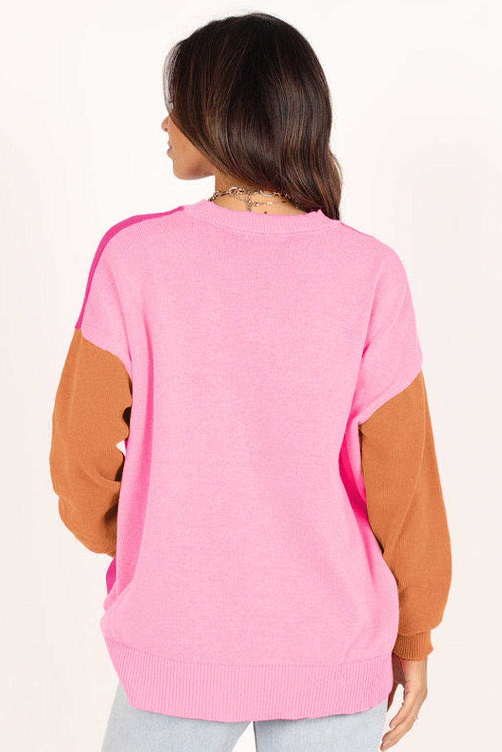 Pink Three Tone Contrast Round Neck Loose Sweater - Sweaters & Cardigans/Sweaters