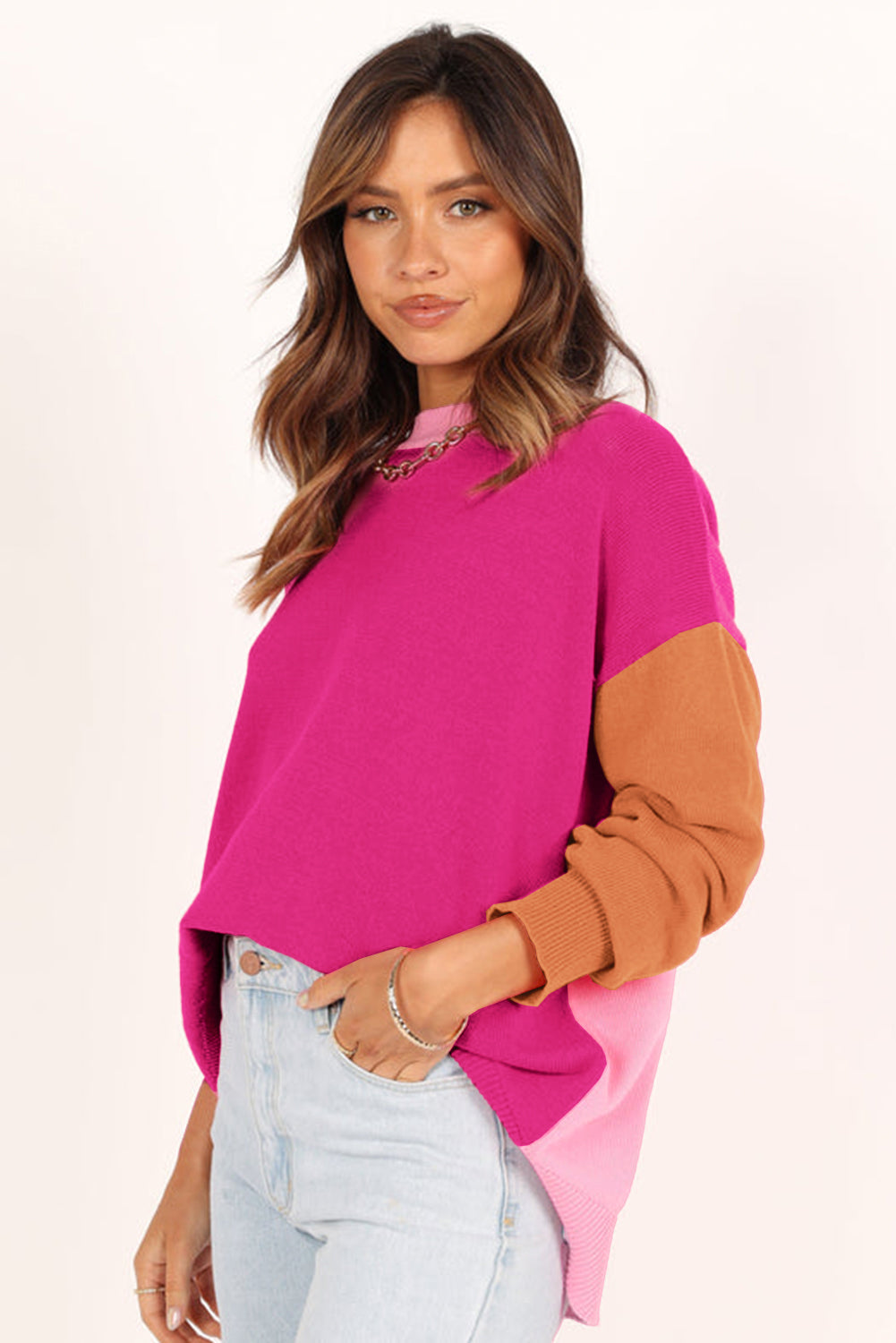 Pink Three Tone Contrast Round Neck Loose Sweater - Sweaters & Cardigans/Sweaters
