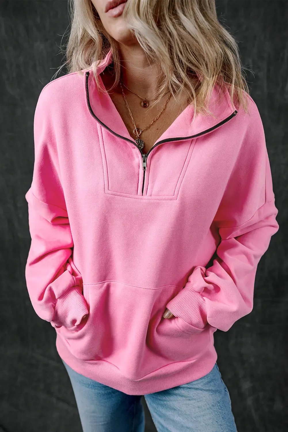 Bonbon Zip up Stand Neck Kangaroo Pocket Sweatshirt
