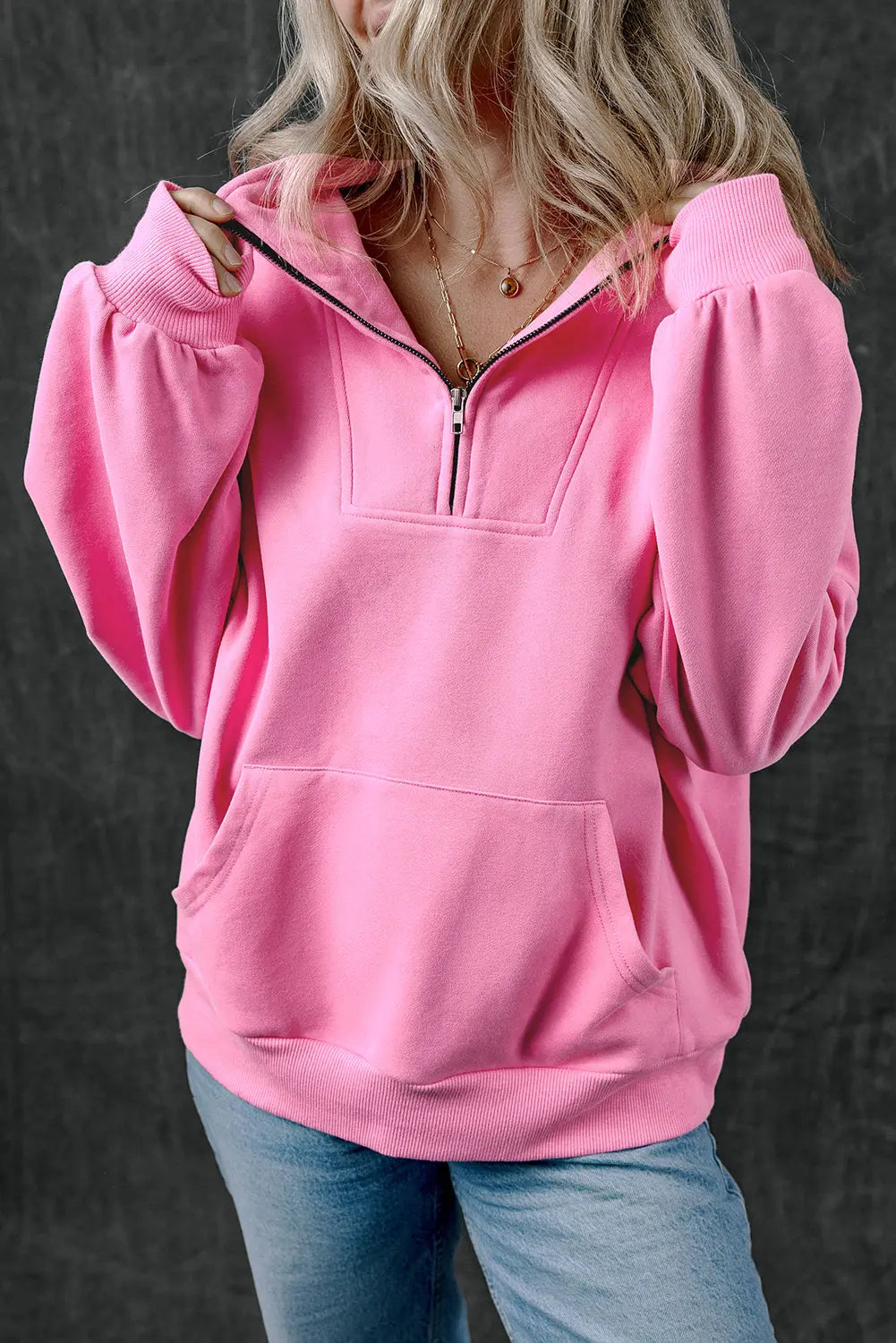 Bonbon Zip-up Stand Neck Kangaroo Pocket Sweatshirt Beagle Boutique Fashion Outlet