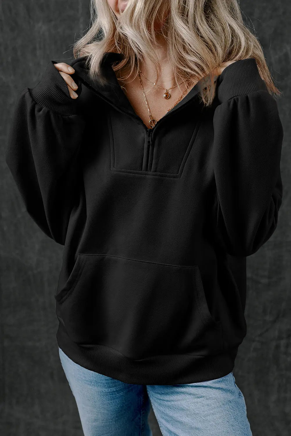 Bonbon Zip-up Stand Neck Kangaroo Pocket Sweatshirt Beagle Boutique Fashion Outlet