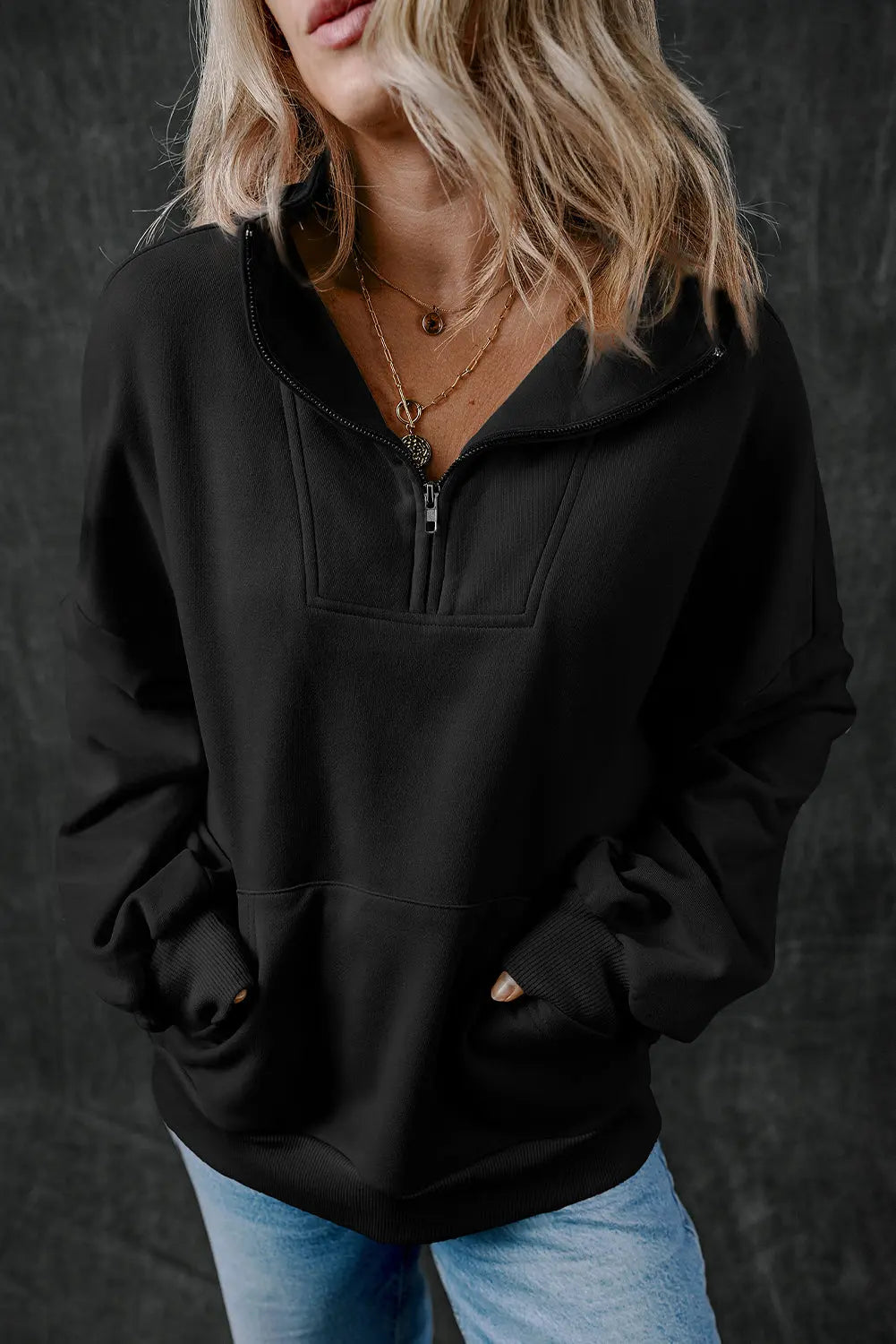 Bonbon Zip-up Stand Neck Kangaroo Pocket Sweatshirt Beagle Boutique Fashion Outlet