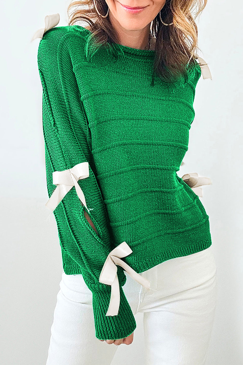 Bright Green Bow Knot Cut Out Round Neck Loose Sweater - eAura