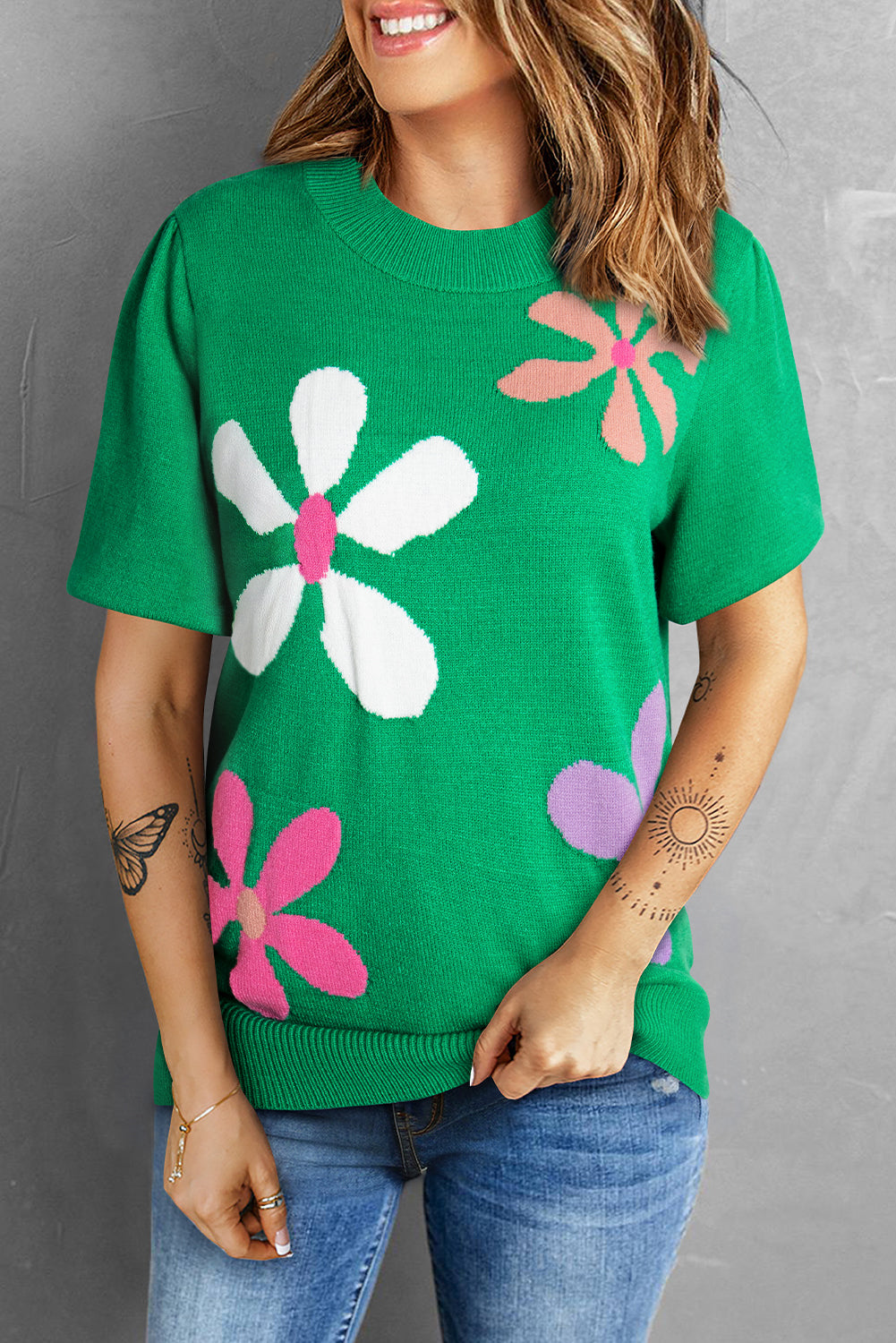 Bright Green Floral Bubble Short Sleeve Sweater - eAura