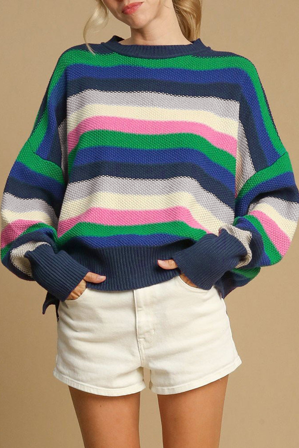 Bright Green Rainbow Striped Crew Neck Drop Shoulder Sweater - BRIGHT GREEN / S / 55% ACRYLIC + 45% COTTON - Sweaters &