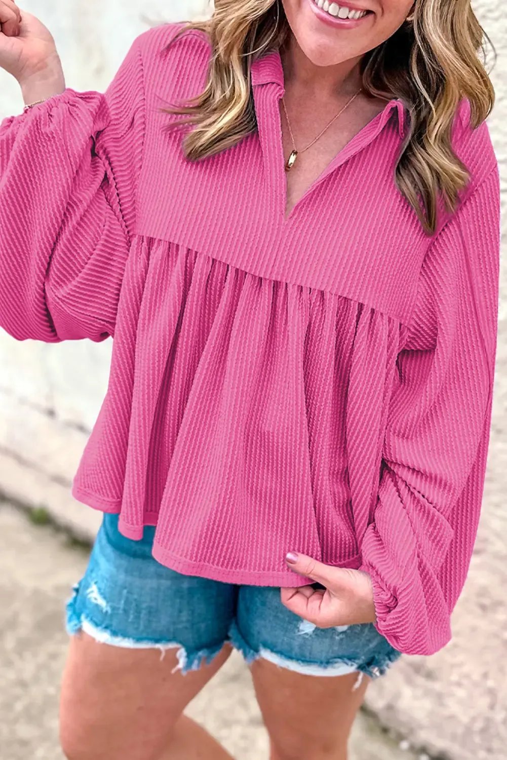 Bright Corduroy Turn down V Neck Bubble Sleeve Babydoll Blouse