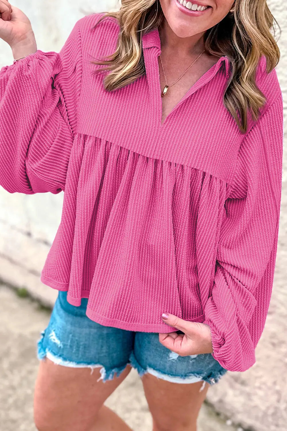 Bright Pink Corduroy Turn-down V Neck Bubble Sleeve Babydoll Blouse Beagle Boutique Fashion Outlet
