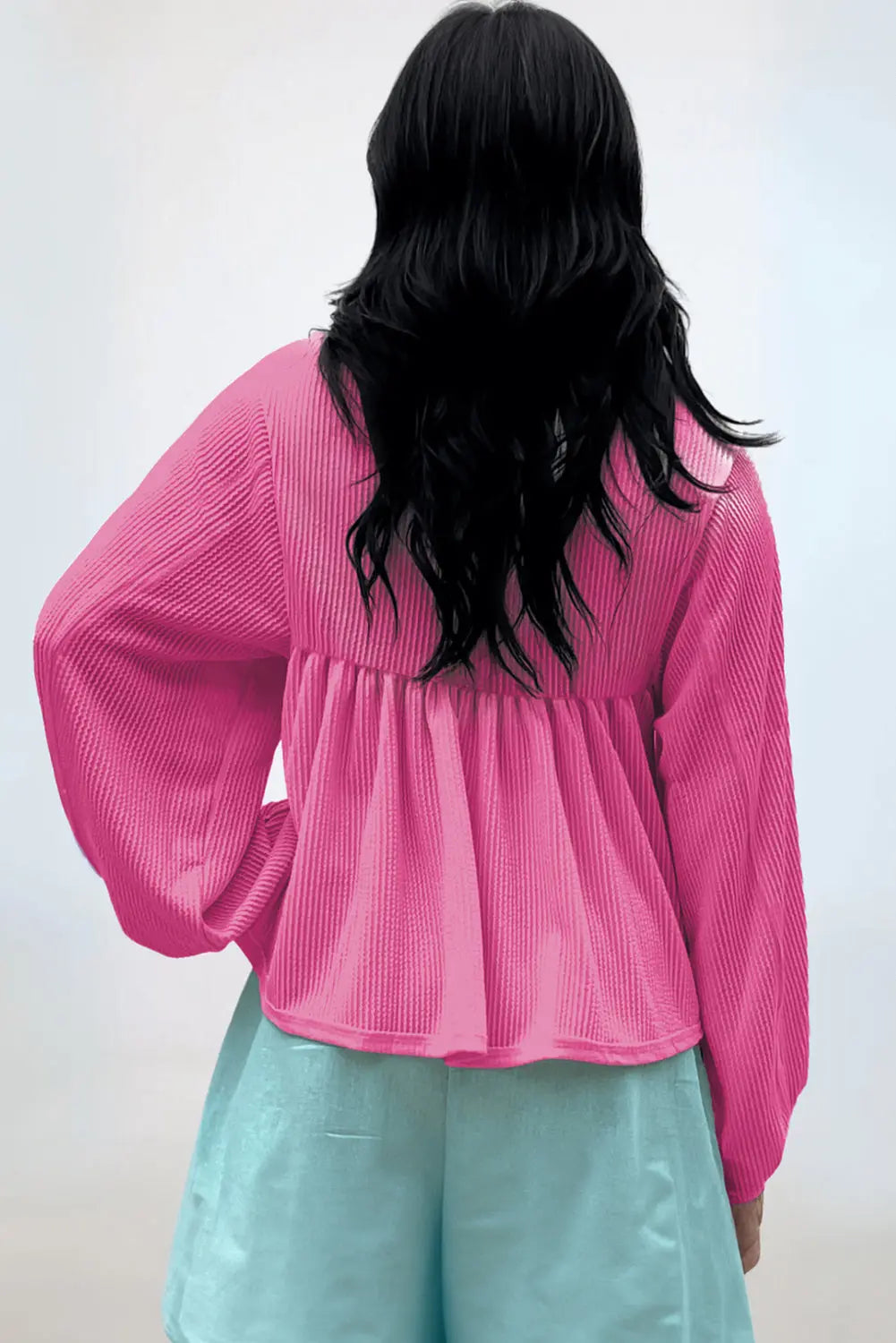 Bright Pink Corduroy Turn-down V Neck Bubble Sleeve Babydoll Blouse Beagle Boutique Fashion Outlet