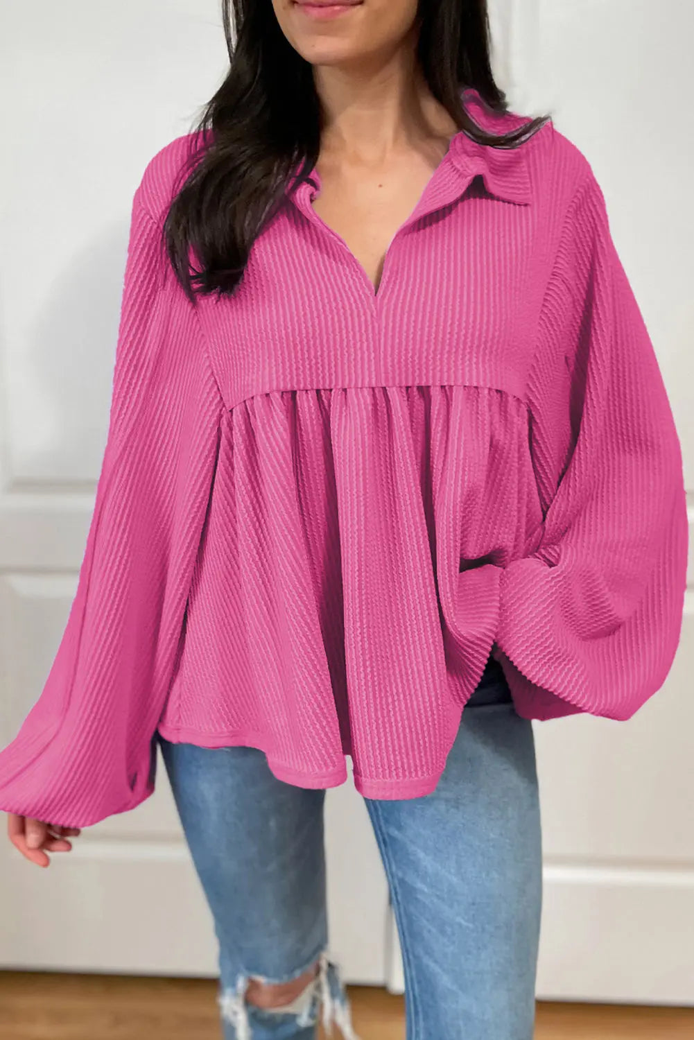 Bright Pink Corduroy Turn-down V Neck Bubble Sleeve Babydoll Blouse Beagle Boutique Fashion Outlet