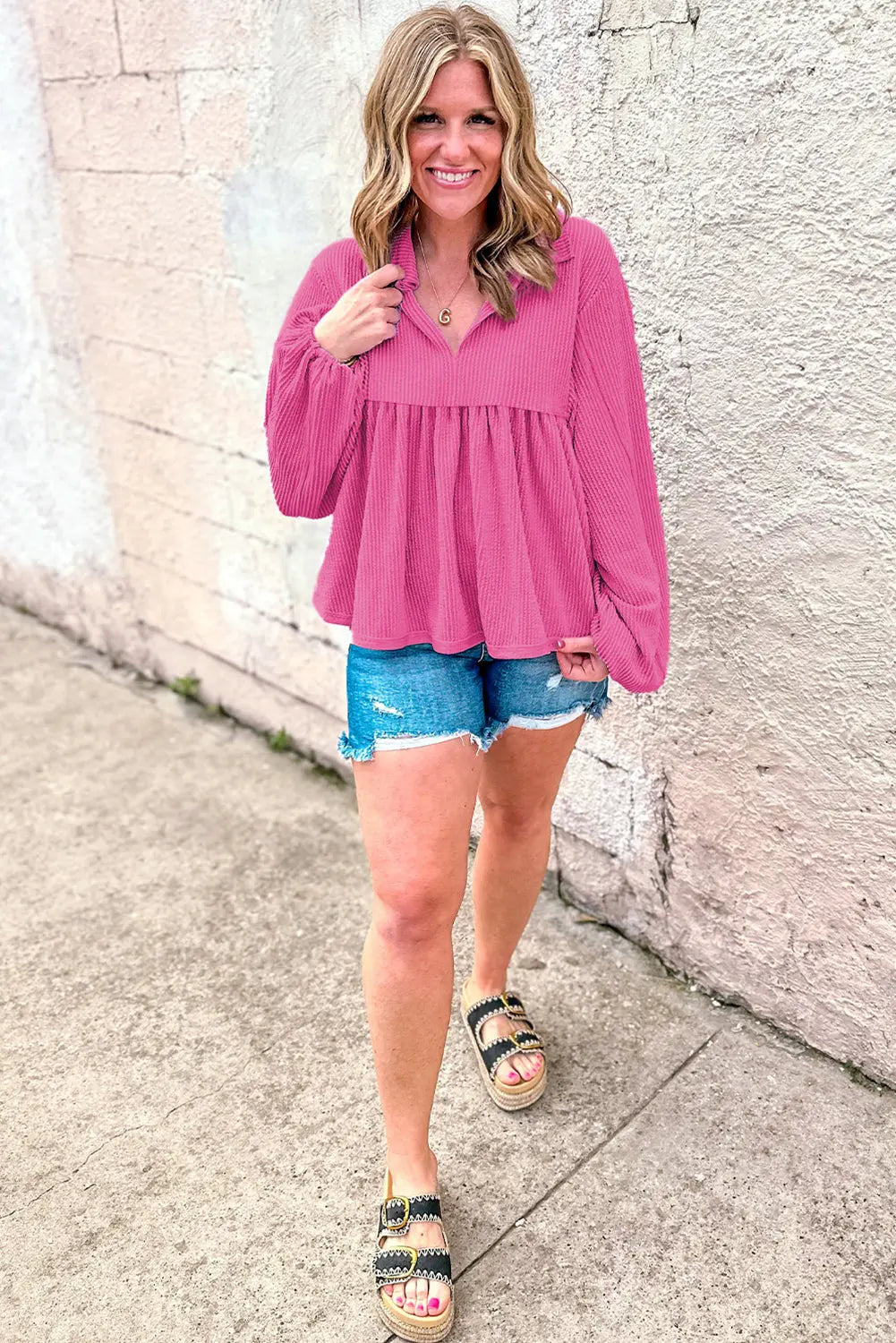 Bright Pink Corduroy Turn-down V Neck Bubble Sleeve Babydoll Blouse Beagle Boutique Fashion Outlet