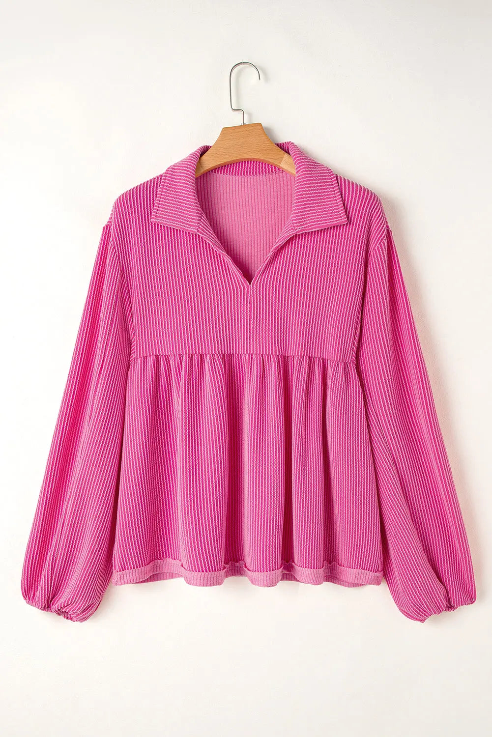 Bright Pink Corduroy Turn-down V Neck Bubble Sleeve Babydoll Blouse Beagle Boutique Fashion Outlet