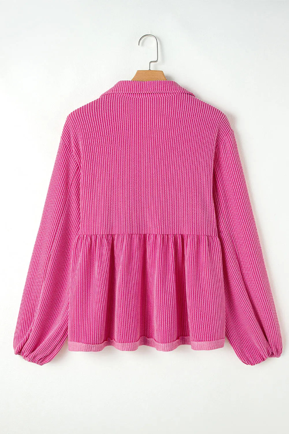 Bright Pink Corduroy Turn-down V Neck Bubble Sleeve Babydoll Blouse Beagle Boutique Fashion Outlet