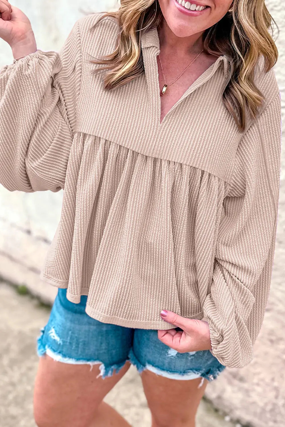 Bright Pink Corduroy Turn-down V Neck Bubble Sleeve Babydoll Blouse Beagle Boutique Fashion Outlet