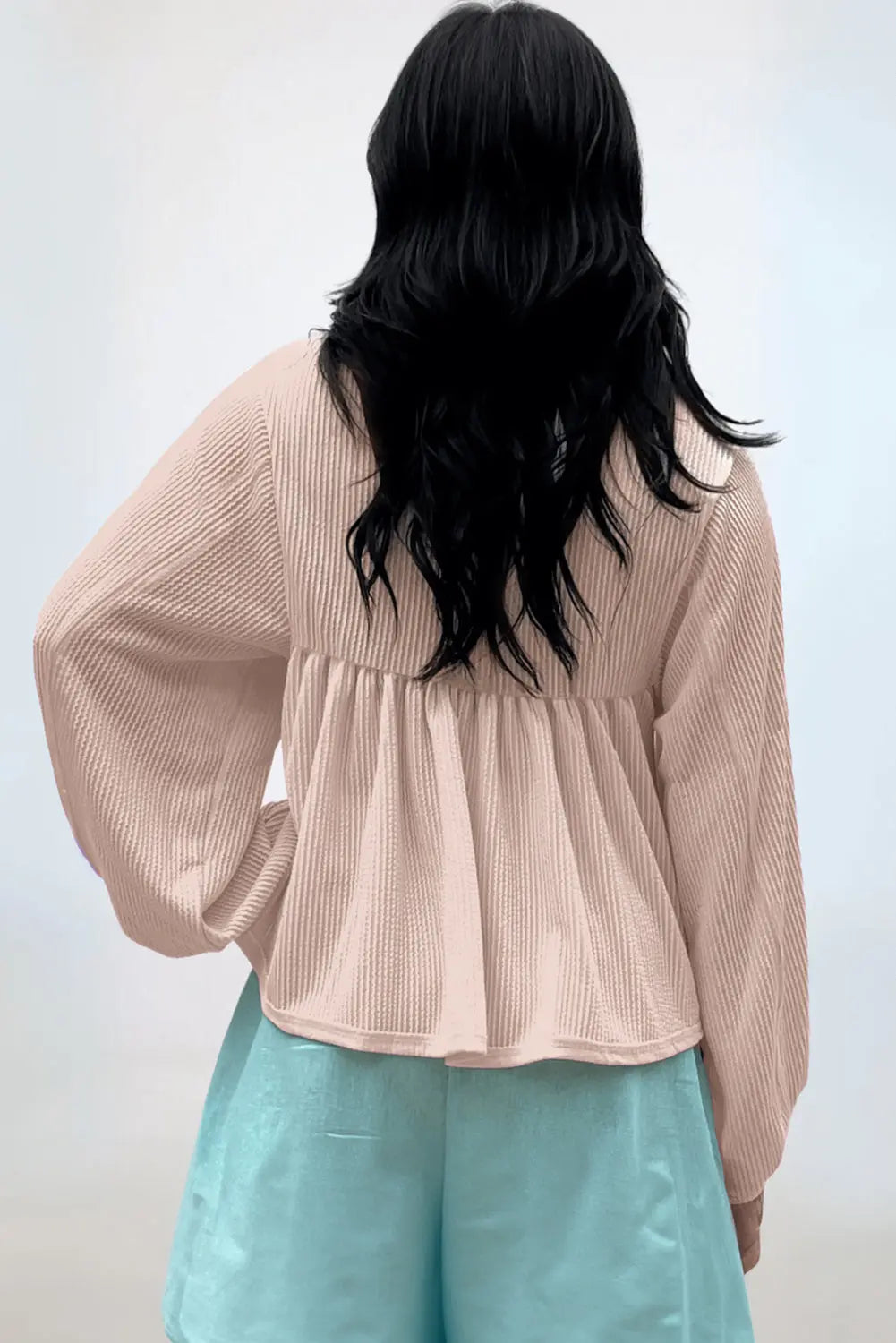 Bright Pink Corduroy Turn-down V Neck Bubble Sleeve Babydoll Blouse Beagle Boutique Fashion Outlet