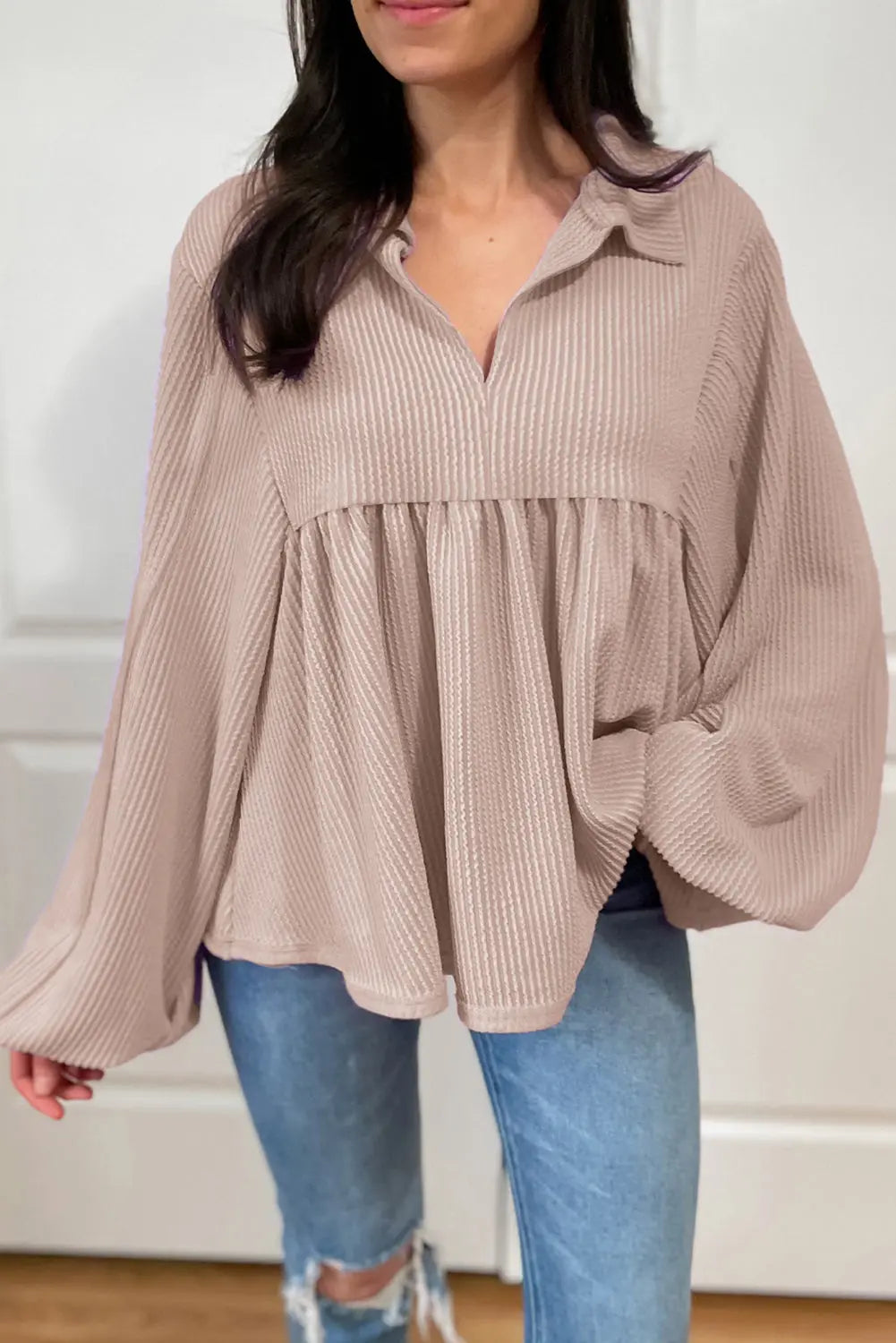 Bright Pink Corduroy Turn-down V Neck Bubble Sleeve Babydoll Blouse Beagle Boutique Fashion Outlet