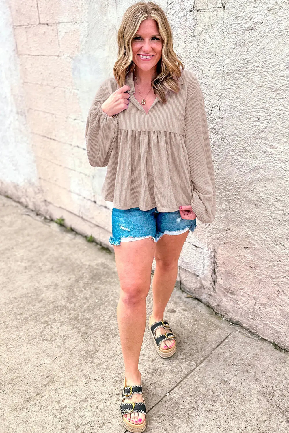 Bright Pink Corduroy Turn-down V Neck Bubble Sleeve Babydoll Blouse Beagle Boutique Fashion Outlet