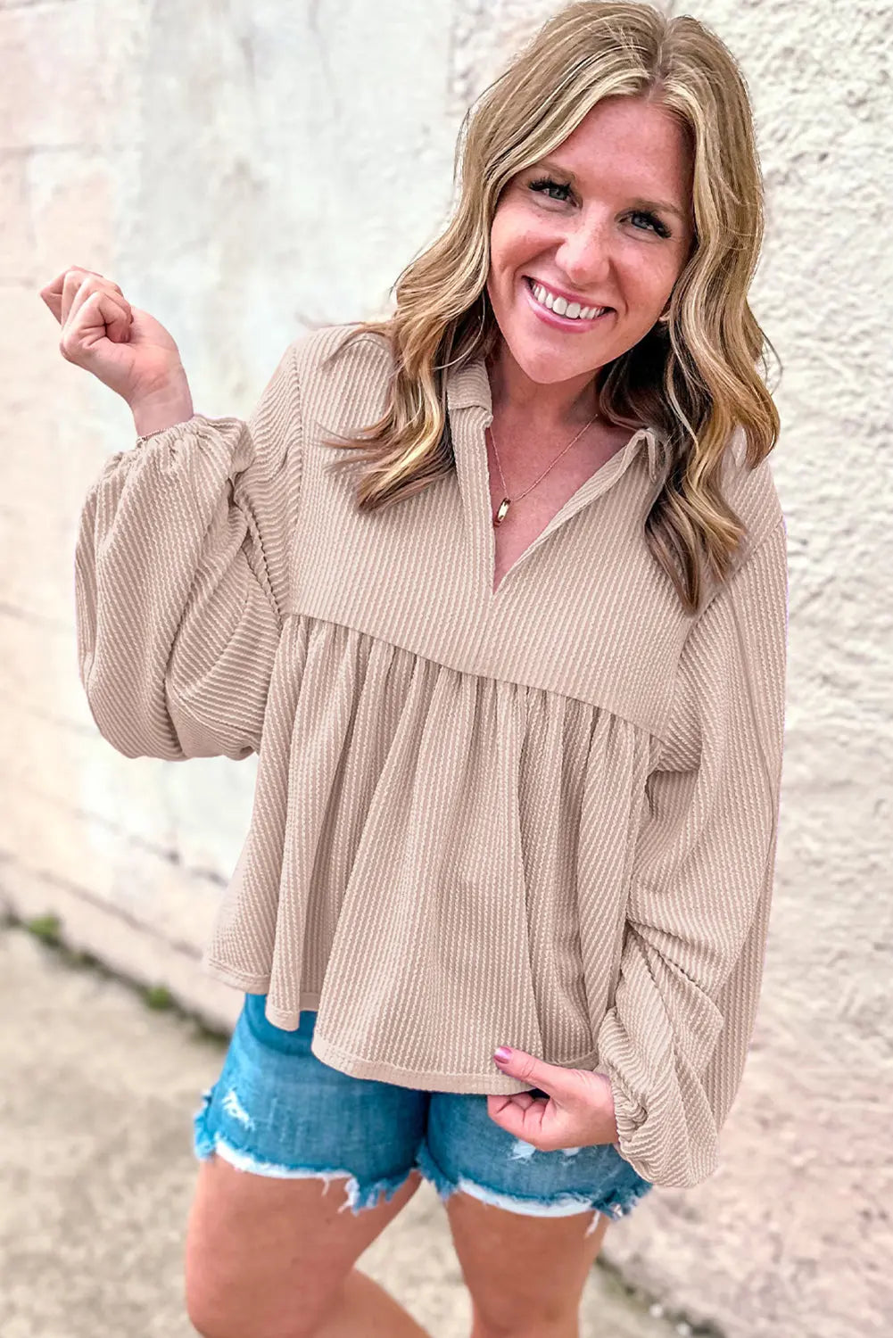 Bright Pink Corduroy Turn-down V Neck Bubble Sleeve Babydoll Blouse Beagle Boutique Fashion Outlet
