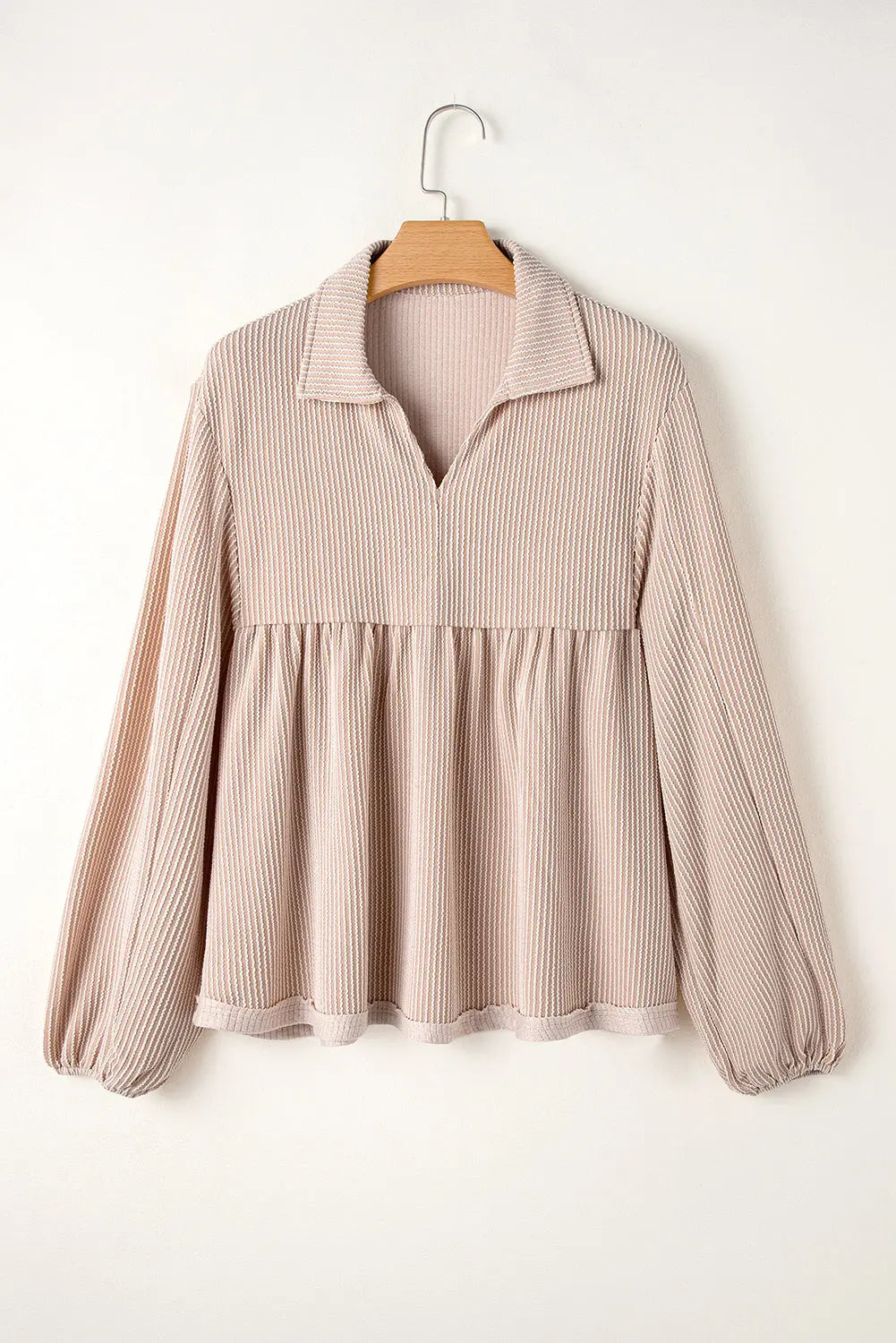 Bright Pink Corduroy Turn-down V Neck Bubble Sleeve Babydoll Blouse Beagle Boutique Fashion Outlet