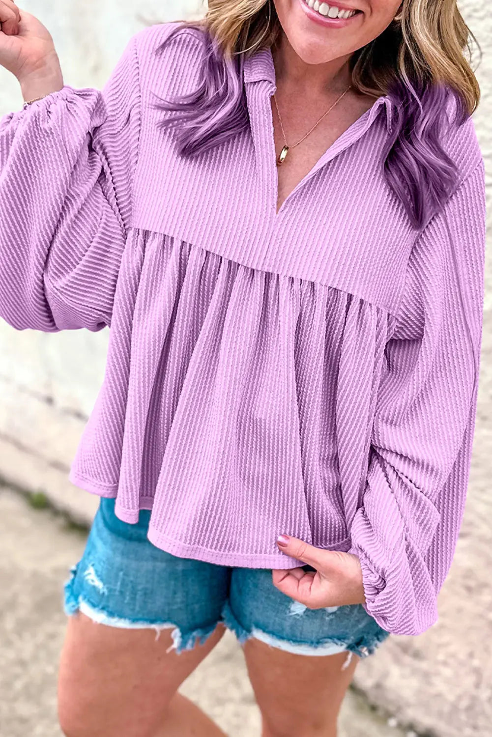 Bright Pink Corduroy Turn-down V Neck Bubble Sleeve Babydoll Blouse Beagle Boutique Fashion Outlet