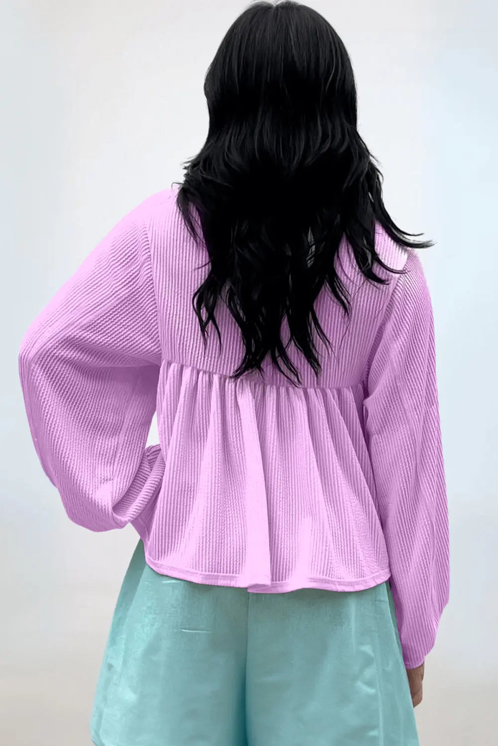 Bright Pink Corduroy Turn-down V Neck Bubble Sleeve Babydoll Blouse Beagle Boutique Fashion Outlet