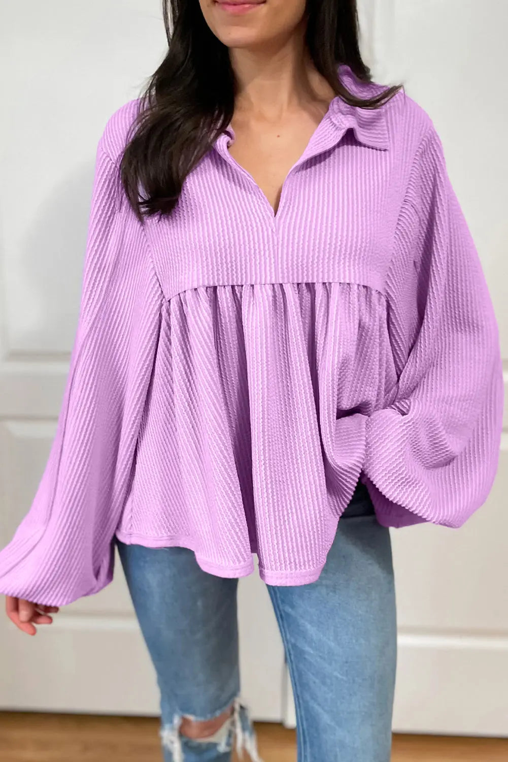 Bright Pink Corduroy Turn-down V Neck Bubble Sleeve Babydoll Blouse Beagle Boutique Fashion Outlet