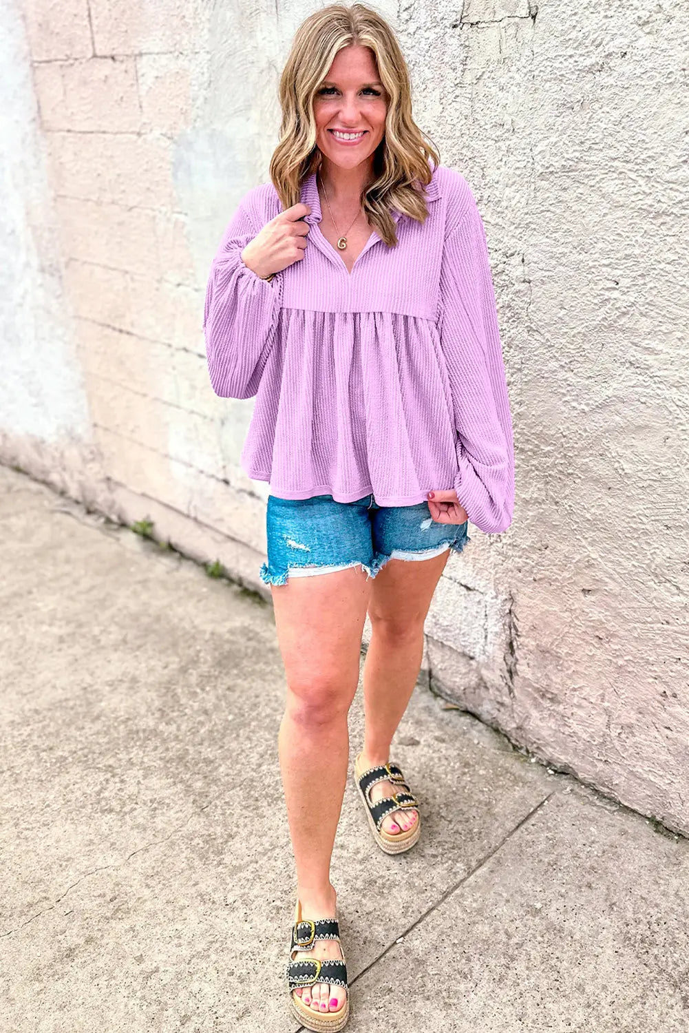 Bright Pink Corduroy Turn-down V Neck Bubble Sleeve Babydoll Blouse Beagle Boutique Fashion Outlet