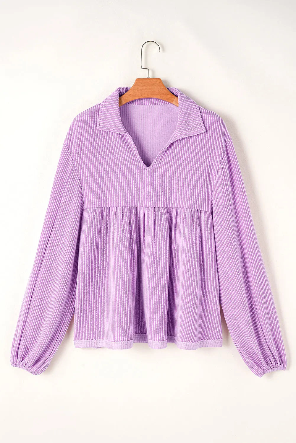 Bright Pink Corduroy Turn-down V Neck Bubble Sleeve Babydoll Blouse Beagle Boutique Fashion Outlet