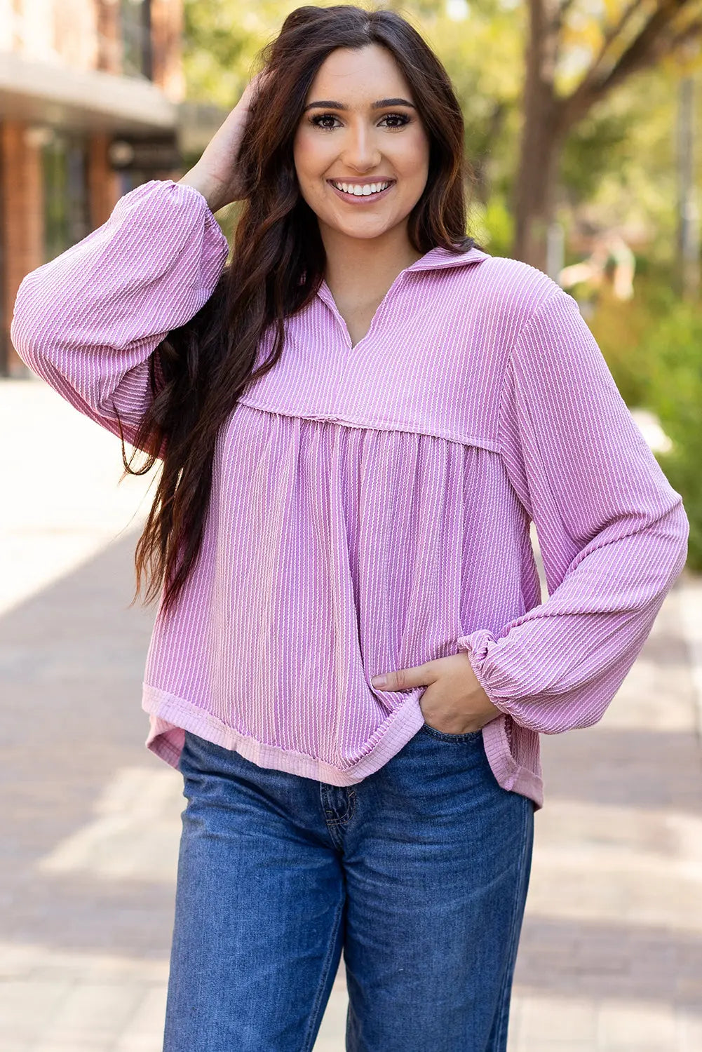 Bright Pink Corduroy Turn-down V Neck Bubble Sleeve Babydoll Blouse Beagle Boutique Fashion Outlet