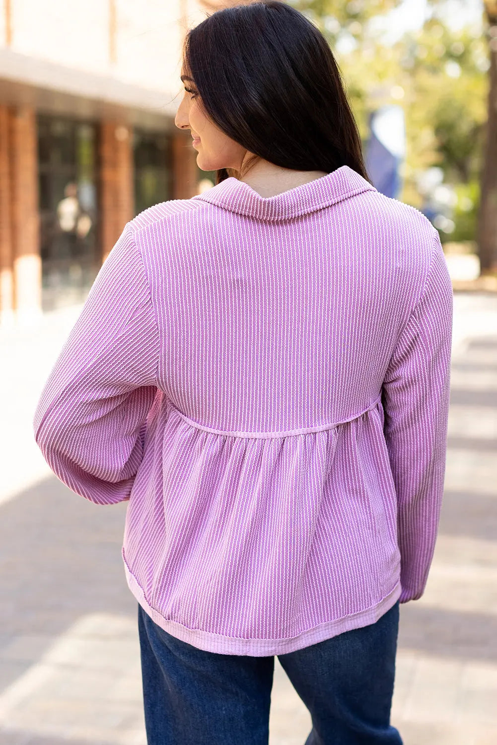 Bright Pink Corduroy Turn-down V Neck Bubble Sleeve Babydoll Blouse Beagle Boutique Fashion Outlet