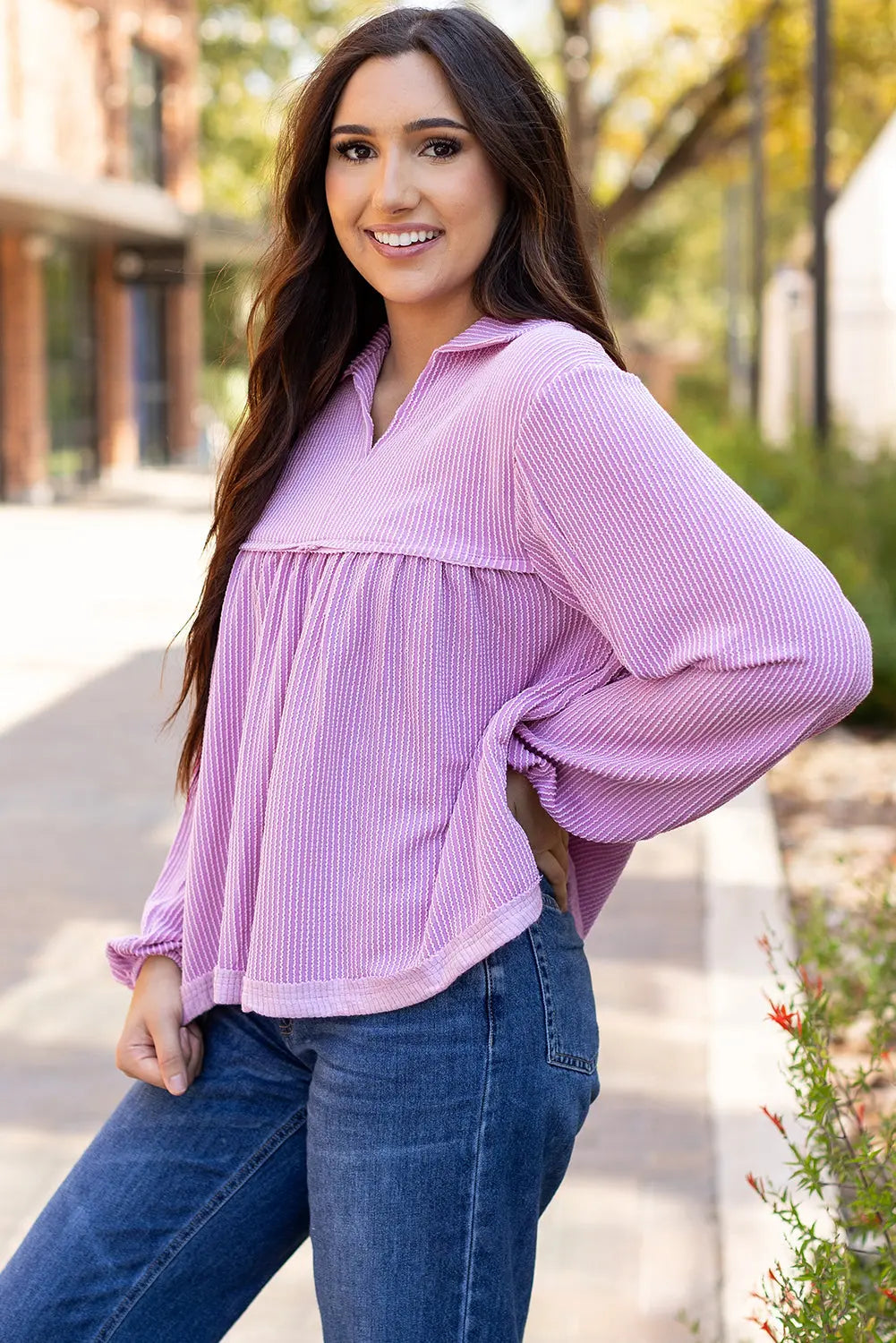Bright Pink Corduroy Turn-down V Neck Bubble Sleeve Babydoll Blouse Beagle Boutique Fashion Outlet