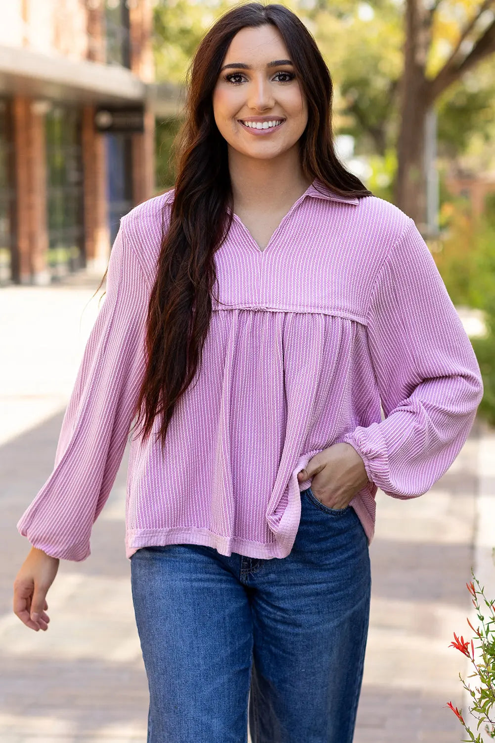 Bright Pink Corduroy Turn-down V Neck Bubble Sleeve Babydoll Blouse Beagle Boutique Fashion Outlet