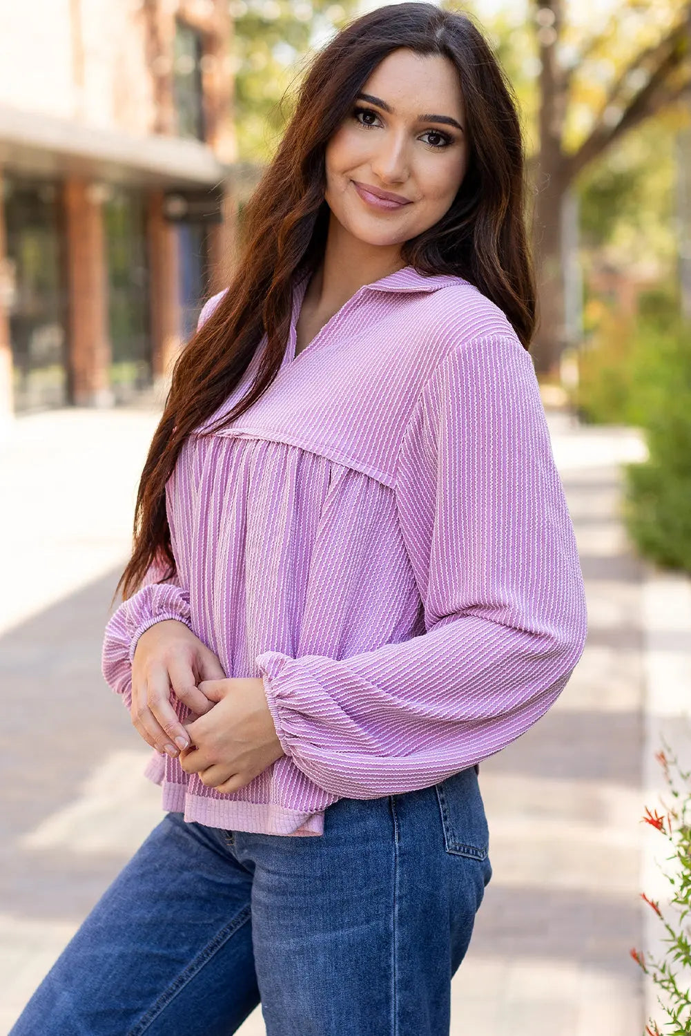 Bright Pink Corduroy Turn-down V Neck Bubble Sleeve Babydoll Blouse Beagle Boutique Fashion Outlet