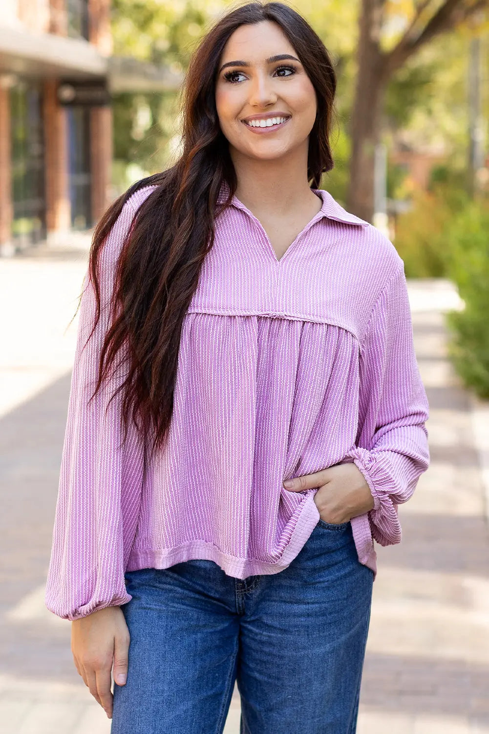 Bright Pink Corduroy Turn-down V Neck Bubble Sleeve Babydoll Blouse Beagle Boutique Fashion Outlet