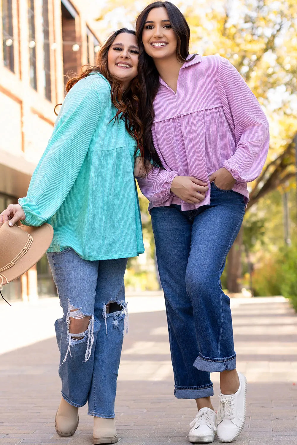 Bright Pink Corduroy Turn-down V Neck Bubble Sleeve Babydoll Blouse Beagle Boutique Fashion Outlet