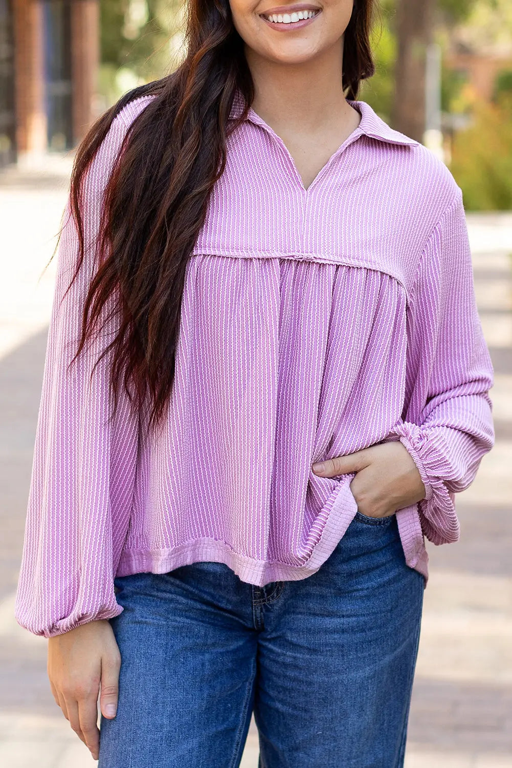 Bright Pink Corduroy Turn-down V Neck Bubble Sleeve Babydoll Blouse Beagle Boutique Fashion Outlet