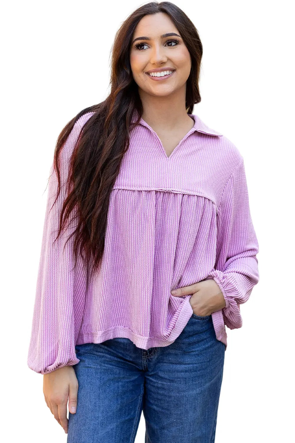 Bright Pink Corduroy Turn-down V Neck Bubble Sleeve Babydoll Blouse Beagle Boutique Fashion Outlet