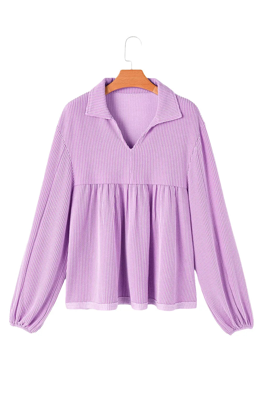 Bright Pink Corduroy Turn-down V Neck Bubble Sleeve Babydoll Blouse Beagle Boutique Fashion Outlet