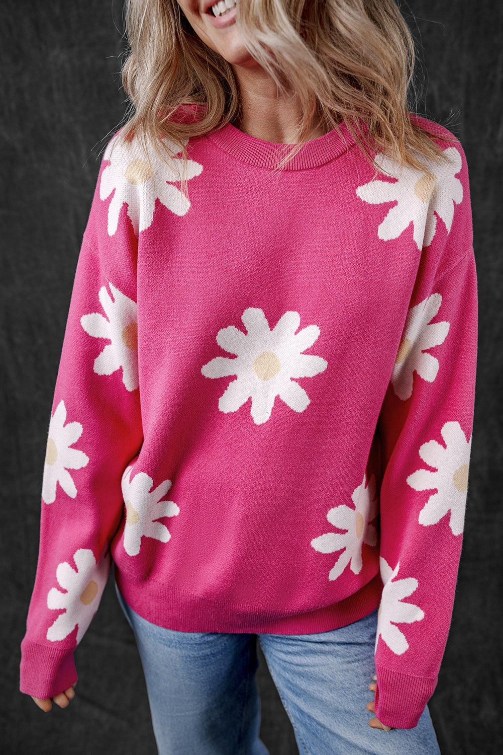 Bright Pink Daisy Flower Crew Neck Long Sleeve Sweater - BRIGHT PINK / S / 57% VISCOSE + 27% POLYESTER + 16% POLYAMIDE
