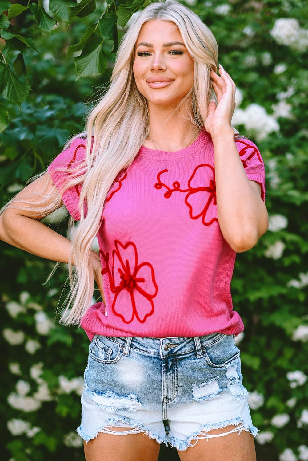Bright Pink Flower Embroidery Short Sleeve Knitwear Top - eAura