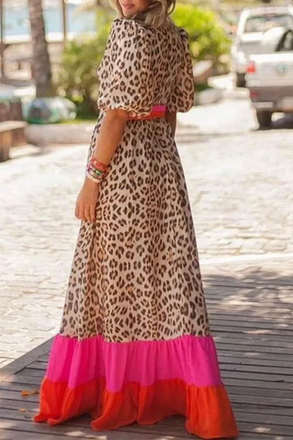 Bright Pink Leopard Colourblock Patchwork Bubble Sleeve Maxi Dress - eAura