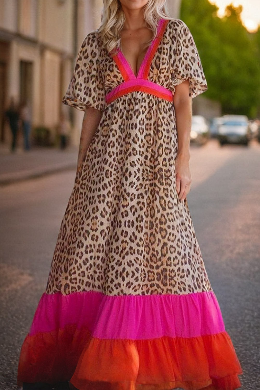 Bright Pink Leopard Colourblock Patchwork Bubble Sleeve Maxi Dress - Dresses/Maxi Dresses