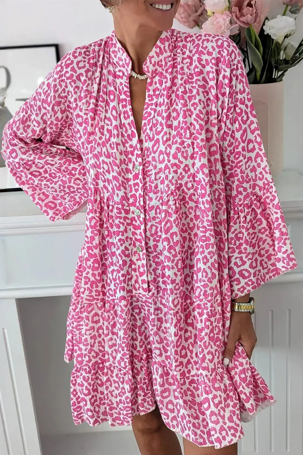 Bright Pink Leopard Printed Long Sleeve Buttoned Front Mini Dress - eAura