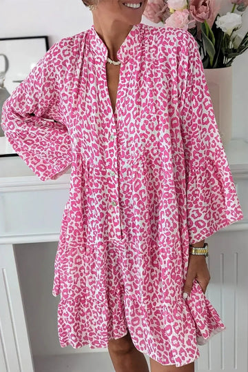 Bright Pink Leopard Printed Long Sleeve Buttoned Front Mini Dress - eAura