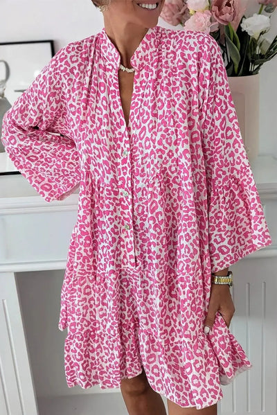 Bright Pink Leopard Printed Long Sleeve Buttoned Front Mini Dress - BRIGHT PINK / S / 100% POLYESTER - Dresses/Mini