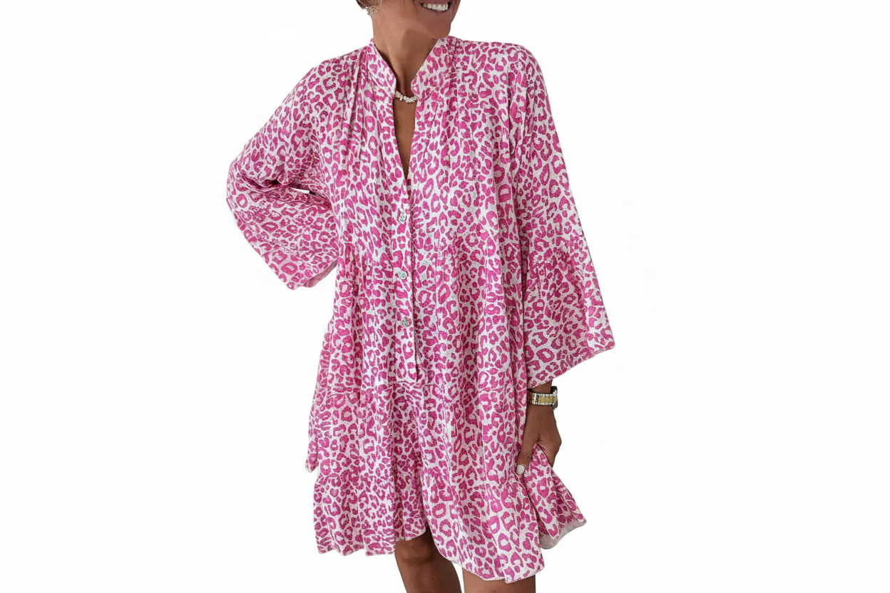 Leopard Print Long Sleeve Buttoned Front Mini Dress – Pink