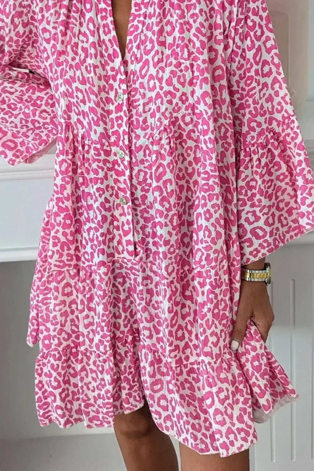 Bright Pink Leopard Printed Long Sleeve Buttoned Front Mini Dress - eAura