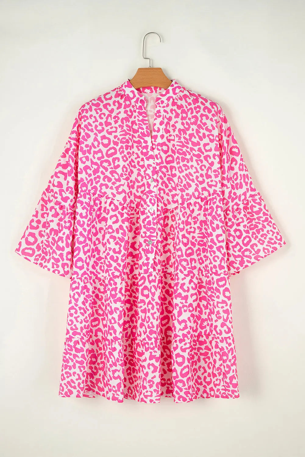 Bright Pink Leopard Printed Long Sleeve Buttoned Front Mini Dress - eAura